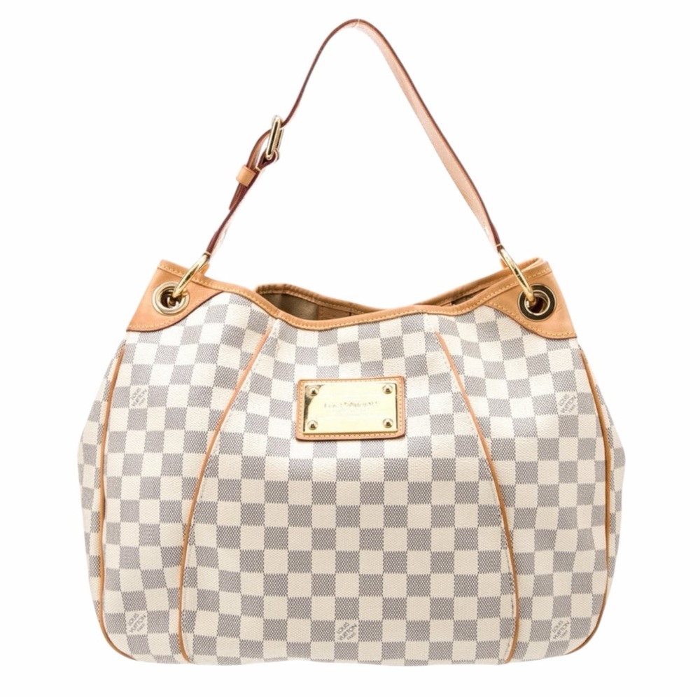 Louis Vuitton Galliera PM Damier Azur Hobo Shoulder Bag Leather Trim Authentic